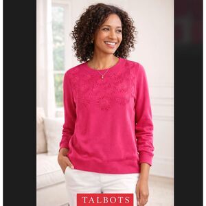 Talbots Pink Floral Sweatshirt XLP Petite Beaded Daisy Cotton Boho Top Knit NWT